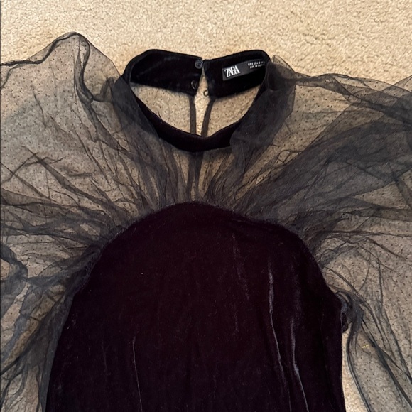 Zara Black Soft Velvet Dress with Sheer Sleeves - Picture 2 of 7